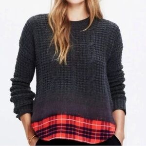 Madewell Grey Cable Knit 100% Merino Wool Plaid Flannel Bottom Sweater Size XS